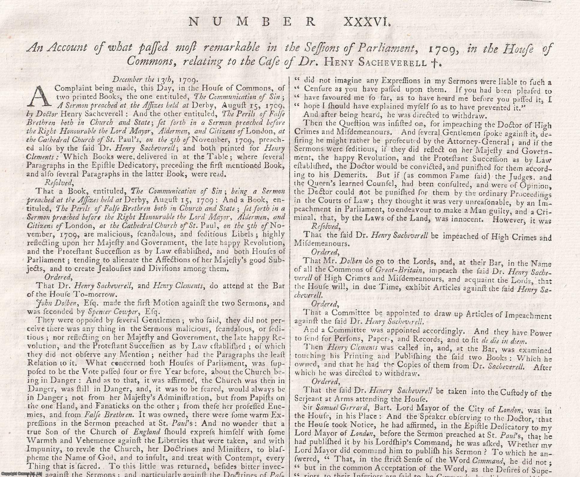 [Trial] - ATTACK ON DISSENTERS. An Account of what passed most remarkable in the Sessions of Parliament, 1709, in the House of Commons, relating to the Case of Dr. Henry Sacheverell. An original article from the Collected State Trials.