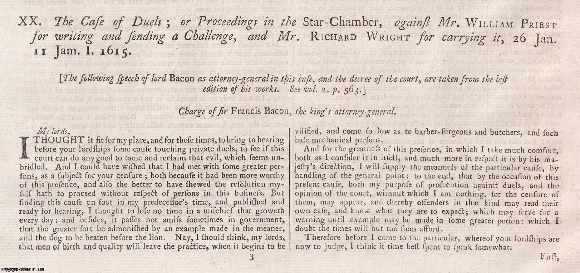 [Trial] - DUELLING. The Case of Duels; or Proceedings in the Star Chamber, against Mr William Priest for writing and sending a Challenge, and Mr Richard Wright for carrying it, 26 Jan, 1615. An original article from the Collected State Trials.