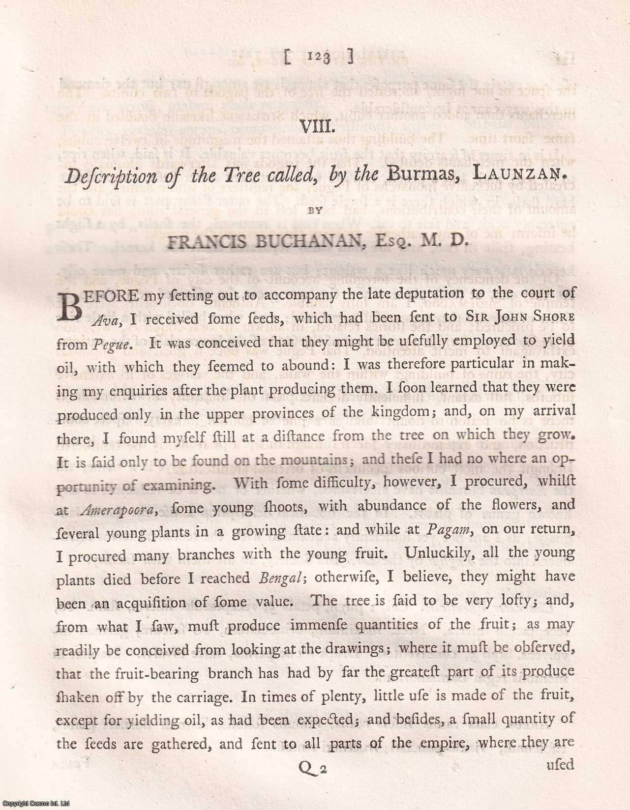 Francis Buchanan, Esq. M.D. - Description of the Tree called, by the Burmas, Launzan. An original article extracted from Asiatick Researches; or Transactions of the Society Instituted in Bengal, 1799. [Afterwards known as The Asiatic Society of Bengal].