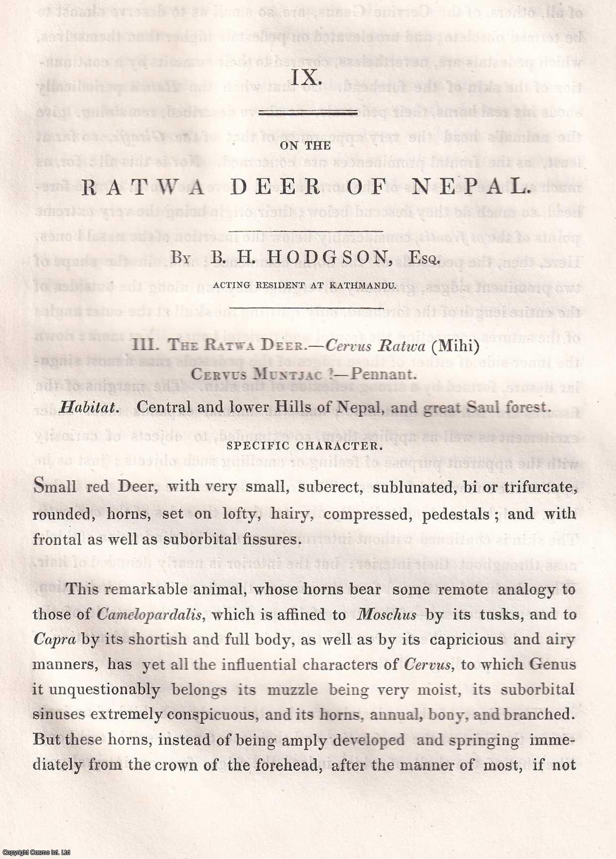 B.H. Hodgson, Acting Resident at Kathmandu - On the Ratwa Deer of Nepal. An original article extracted from Asiatic Researches; or Transactions of the Society Instituted in Bengal, 1833. [Afterwards known as The Asiatic Society of Bengal].