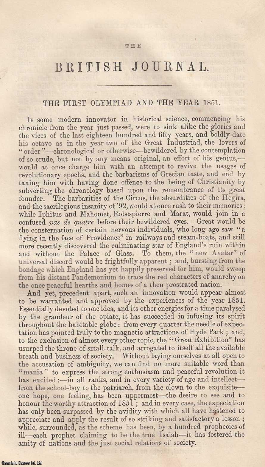 No Author Stated - The First Olympiad and the Year 1851. An original article from The British Journal, 1852.