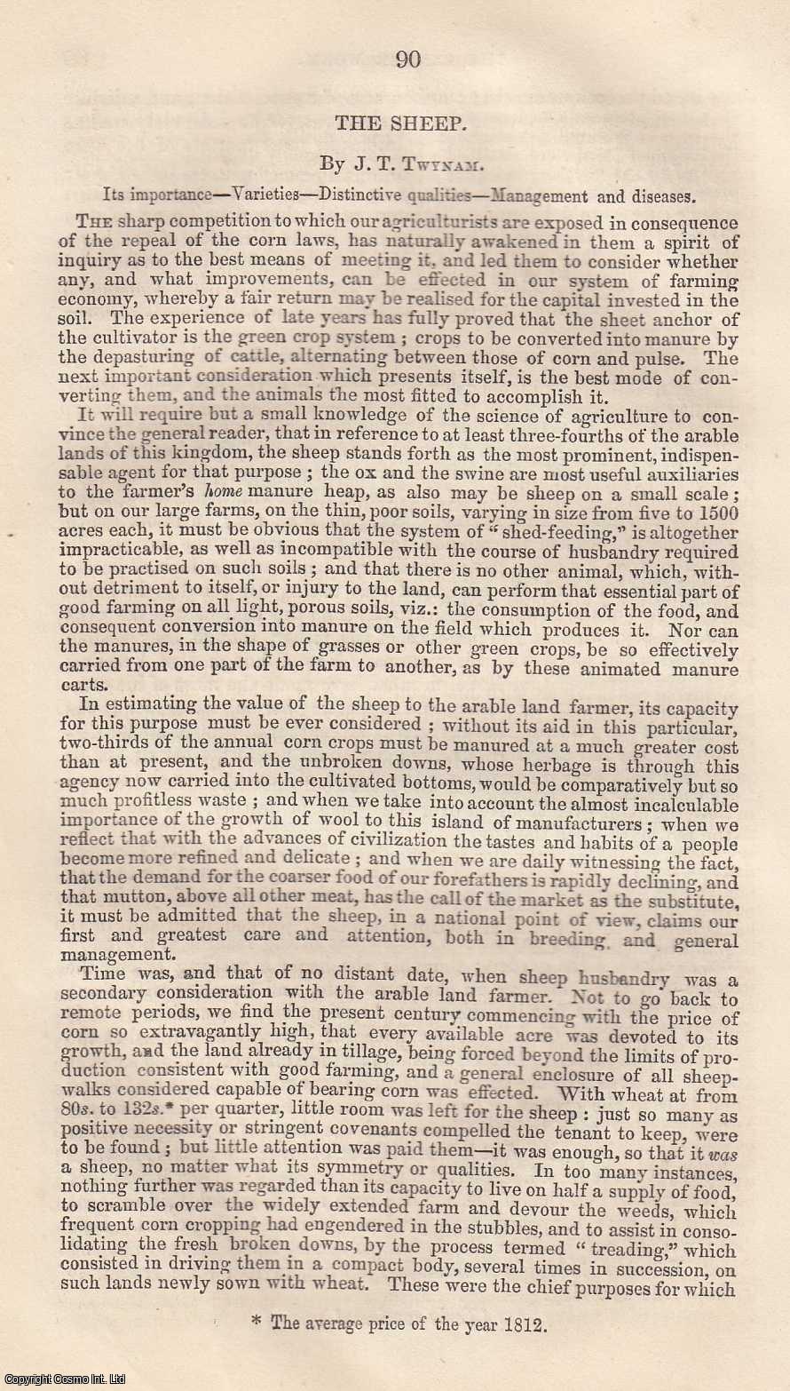 J.T. Twynam - The Sheep. Its importance, varieties, distinctive qualities, management and diseases. An original article from The British Journal, 1852.