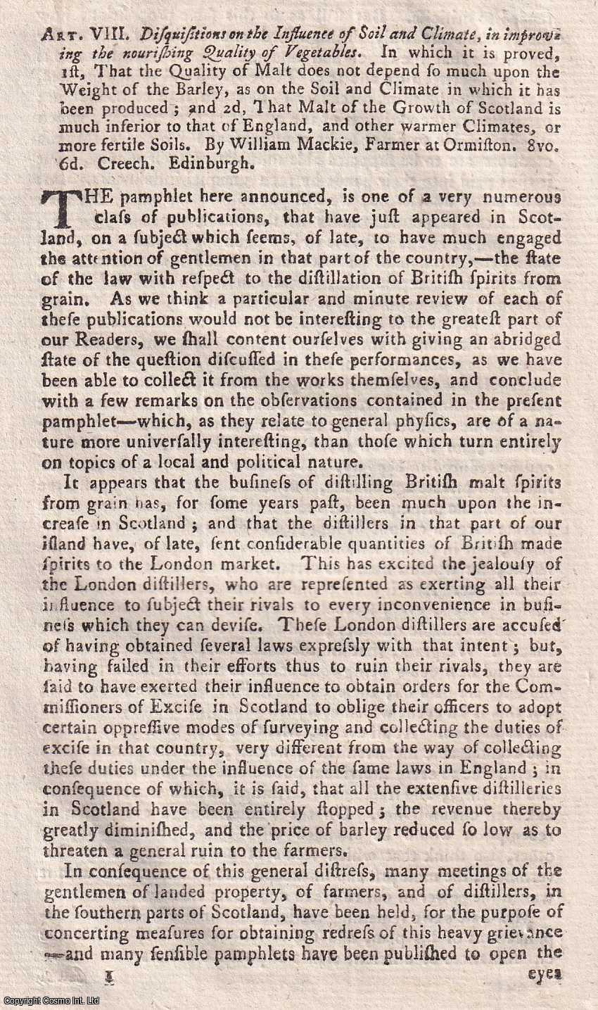 Author Not Stated - Disquisitions on the Influence of Soil and Climate, in improving the nourishing Quality of Vegetables, by William Mackie, Farmer at Ormiston. An original essay from the Monthly Review, 1786. No author is given for this article.