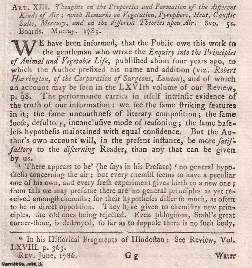 Author Not Stated - Thoughts on the Properties and Formation of the different Kinds of Air, and on the different Theories upon Air. An original essay from the Monthly Review, 1786. No author is given for this article.