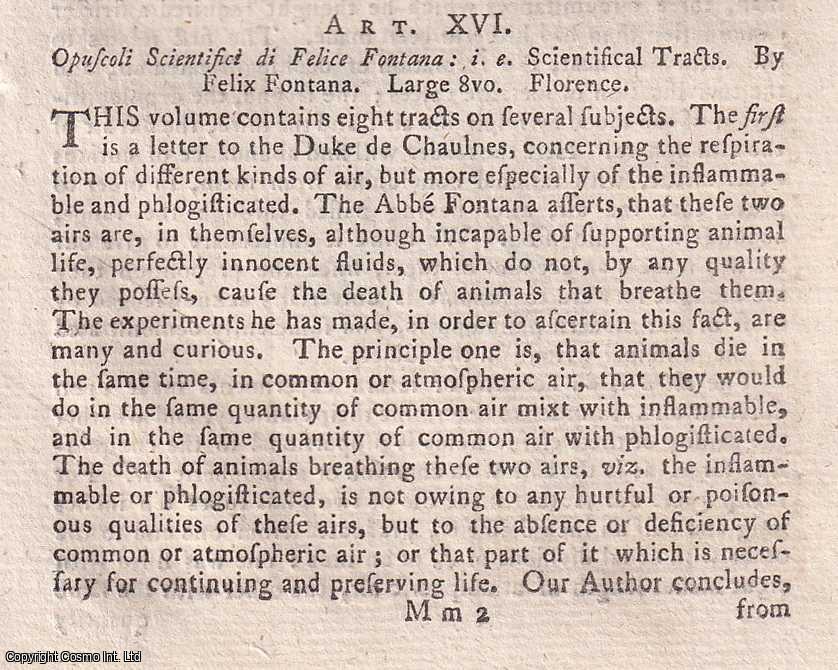 Author Not Stated - Scientific Tracts, by Felix Fontana. An original essay from the Monthly Review, 1786. No author is given for this article.
