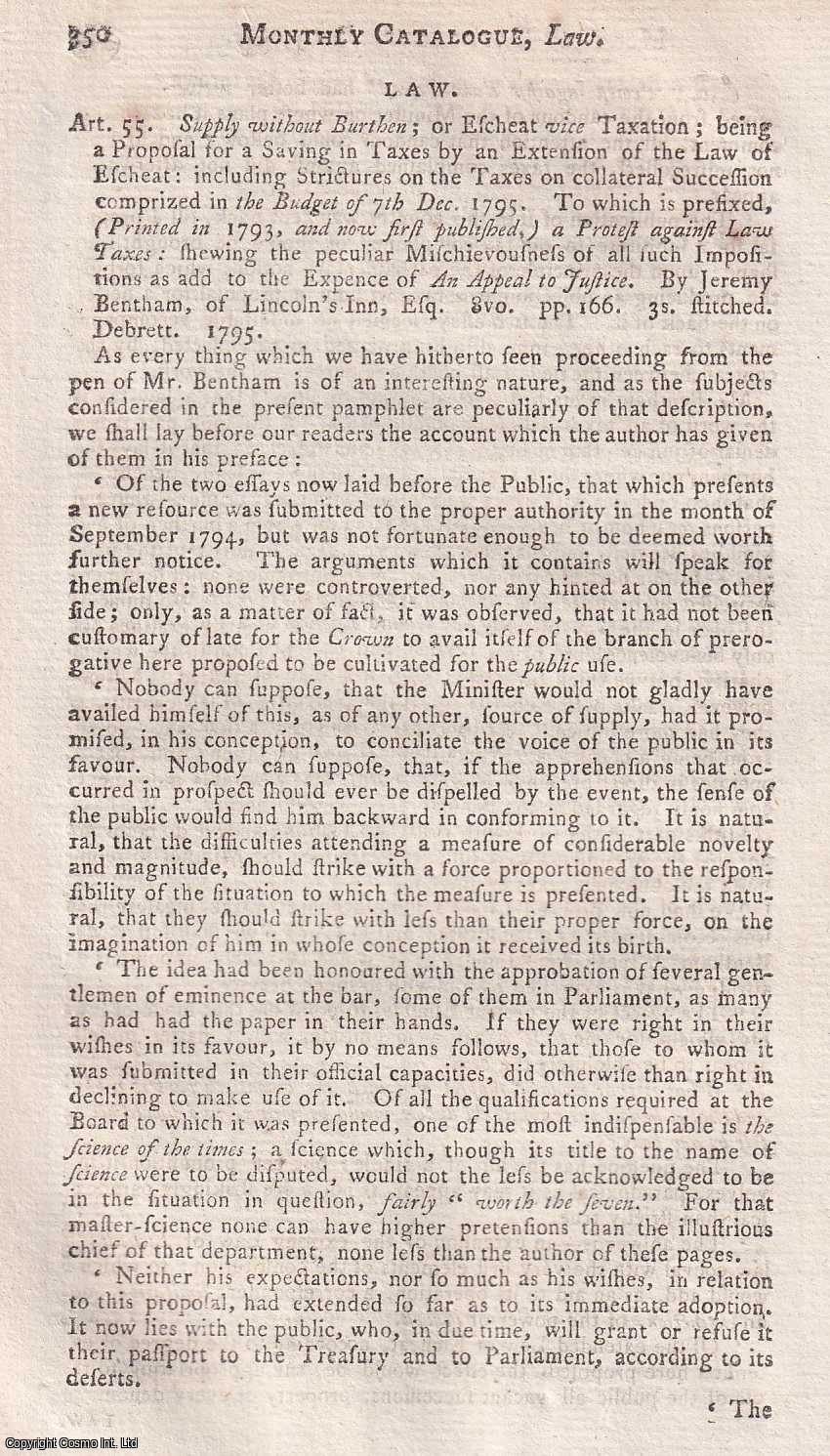 Author Not Stated - Supply without Burthen; or Escheat vice Taxation, by Jeremy Bentham. An original essay from the Monthly Review, 1796. No author is given for this article.