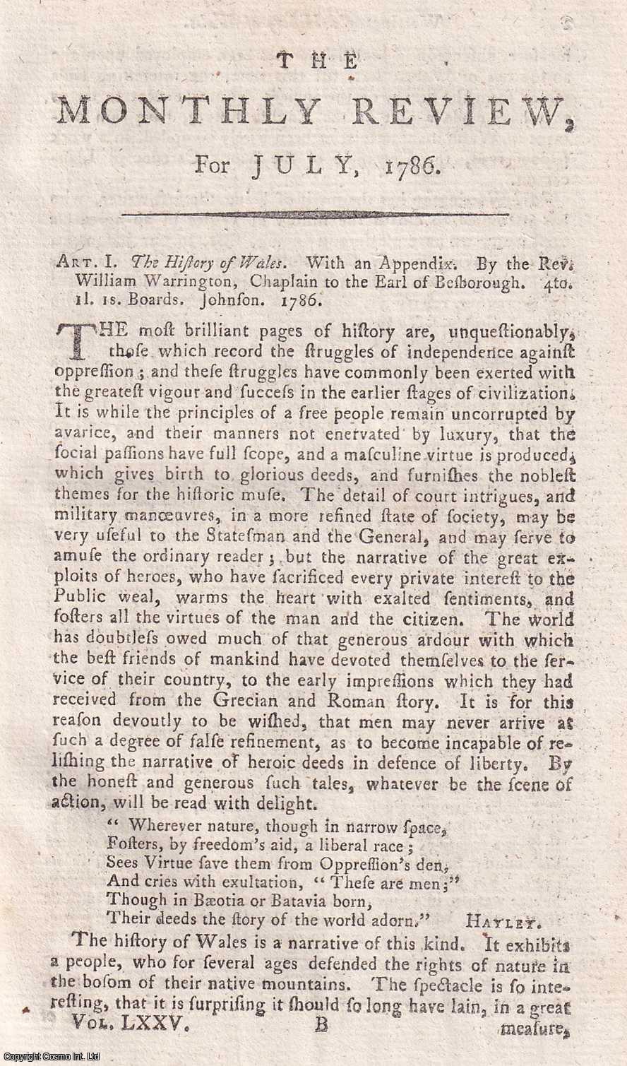 Author Not Stated - The History of Wales, by the Rev. William Warrington, Chaplain to the Earl of Besborough. An original essay from the Monthly Review, 1786. No author is given for this article.
