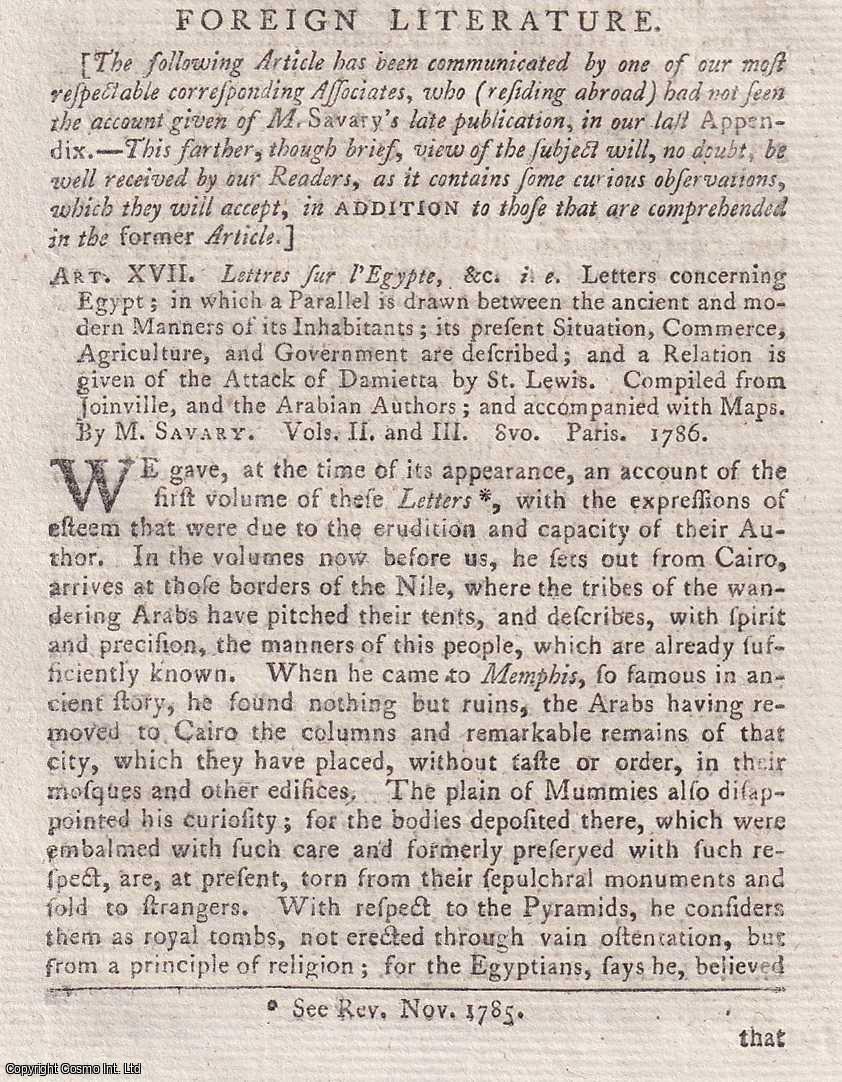 Author Not Stated - Letters concerning Egypt, in which a Parallel is drawn between the ancient and modern Manners of its Inhabitants, by Claude Etienne Savery. An original essay from the Monthly Review, 1786. No author is given for this article.