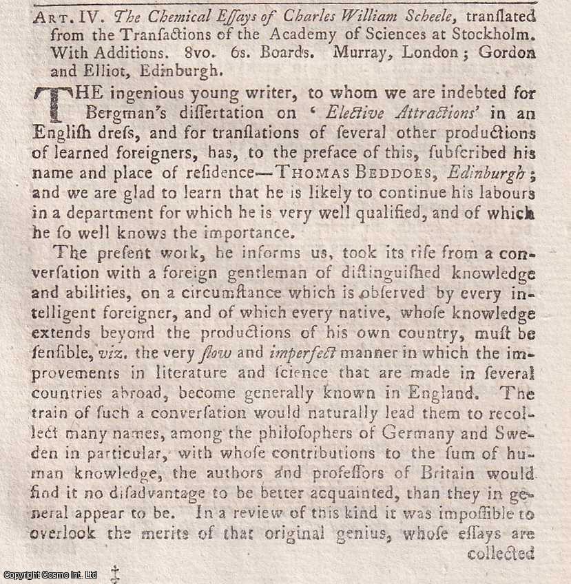 Author Not Stated - The Chemical Essays of Charles William Scheele. An original essay from the Monthly Review, 1786. No author is given for this article.