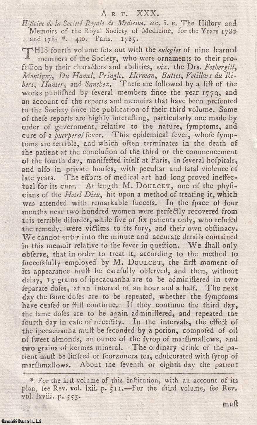 Author Not Stated - The History and Memoirs of the Royal Society of Medicine, for 1780 & 1781. An original essay from the Monthly Review, 1786. No author is given for this article.