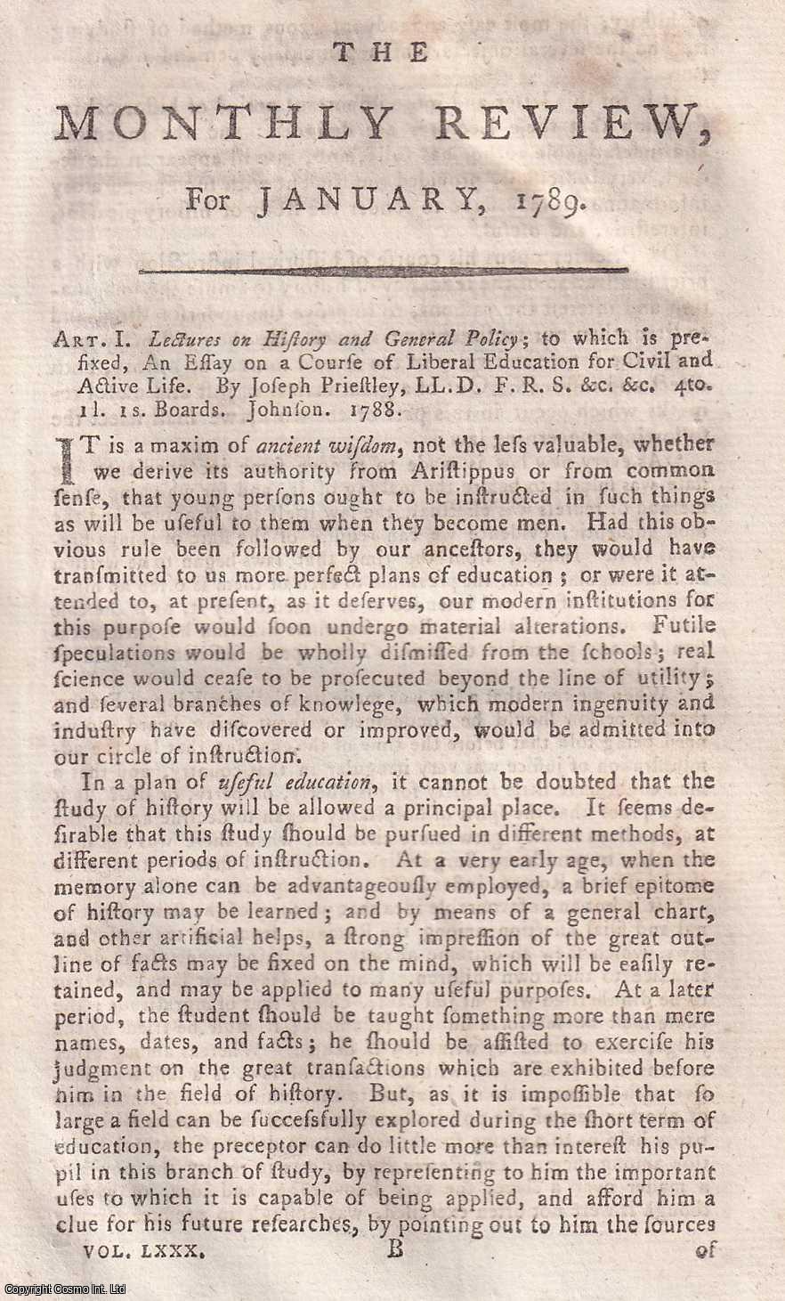 Author Not Stated - Lectures on History and General Policy, by Joseph Priestley. An original essay from the Monthly Review, 1789. No author is given for this article.