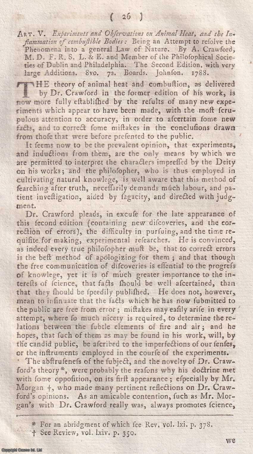 Author Not Stated - Experiments and Observations on Animal Heat, and the Inflammation of combustible Bodies, by A. Crawford. An original essay from the Monthly Review, 1789. No author is given for this article.