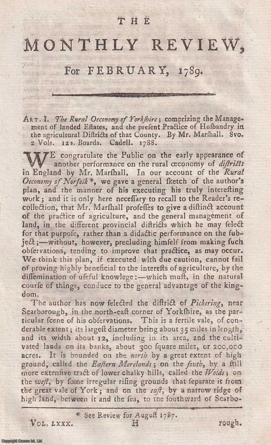 Author Not Stated - The Rural Oeconomy of Yorkshire, by William Marshall. An original essay from the Monthly Review, 1789. No author is given for this article.