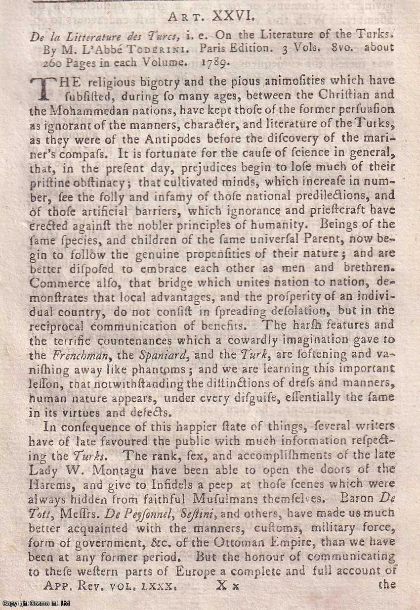 Author Not Stated - On the Literature of the Turks, by L'Abbe Toderini. An original essay from the Monthly Review, 1789. No author is given for this article.