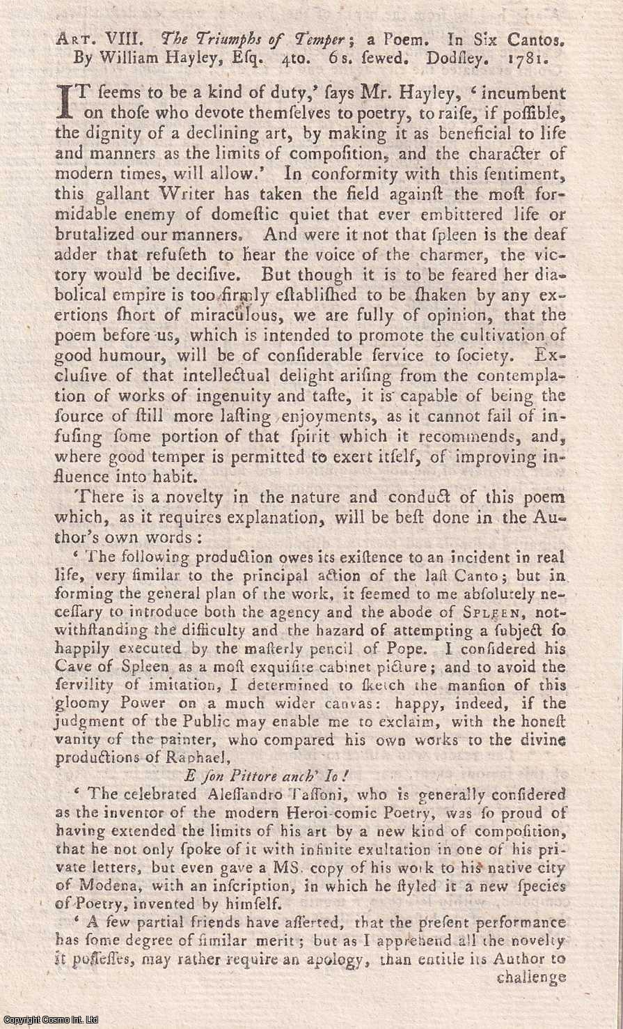 Author Not Stated - The Triumphs of Temper; a Poem, by William Hayley. An original essay from the Monthly Review, 1781. No author is given for this article.