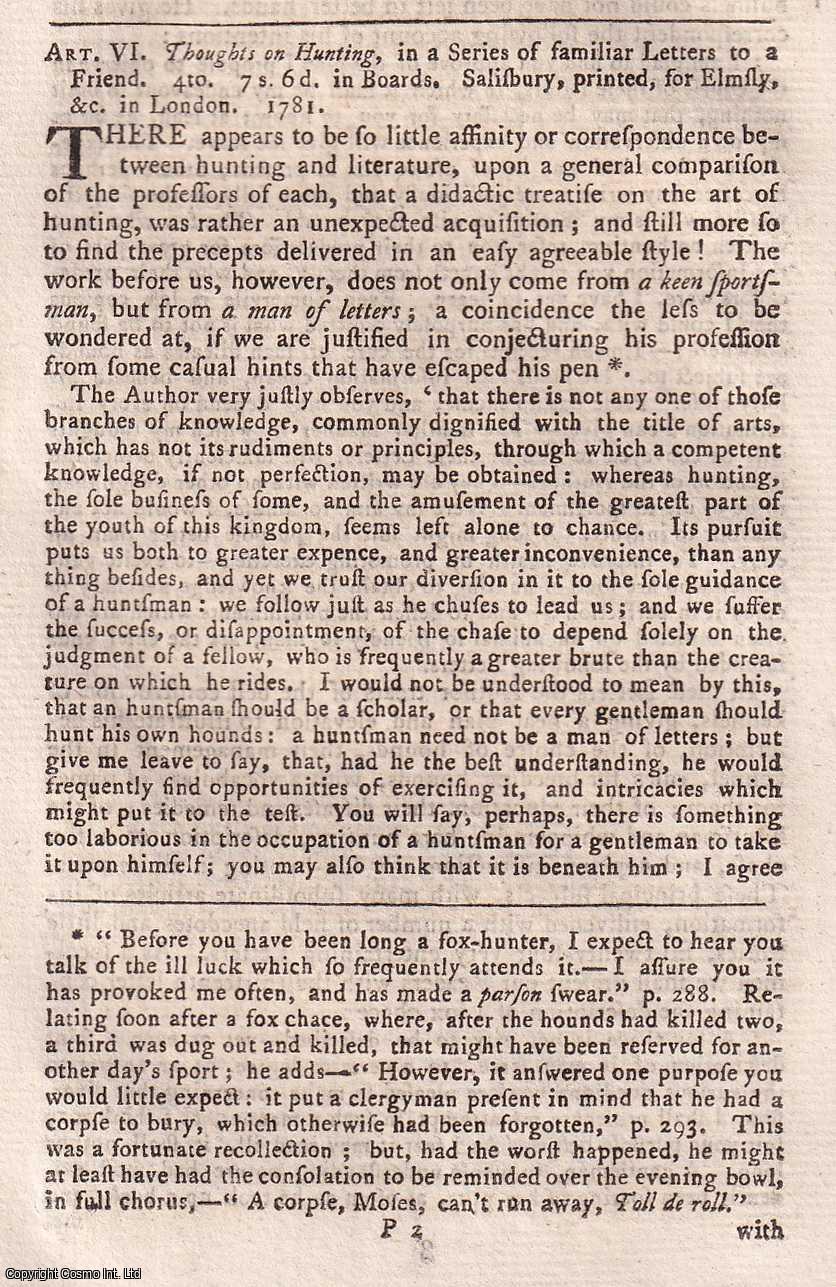 Author Not Stated - Thoughts on Hunting, in a Series of familiar Letters to a Friend, by Peter Beckford. An original essay from the Monthly Review, 1781. No author is given for this article.