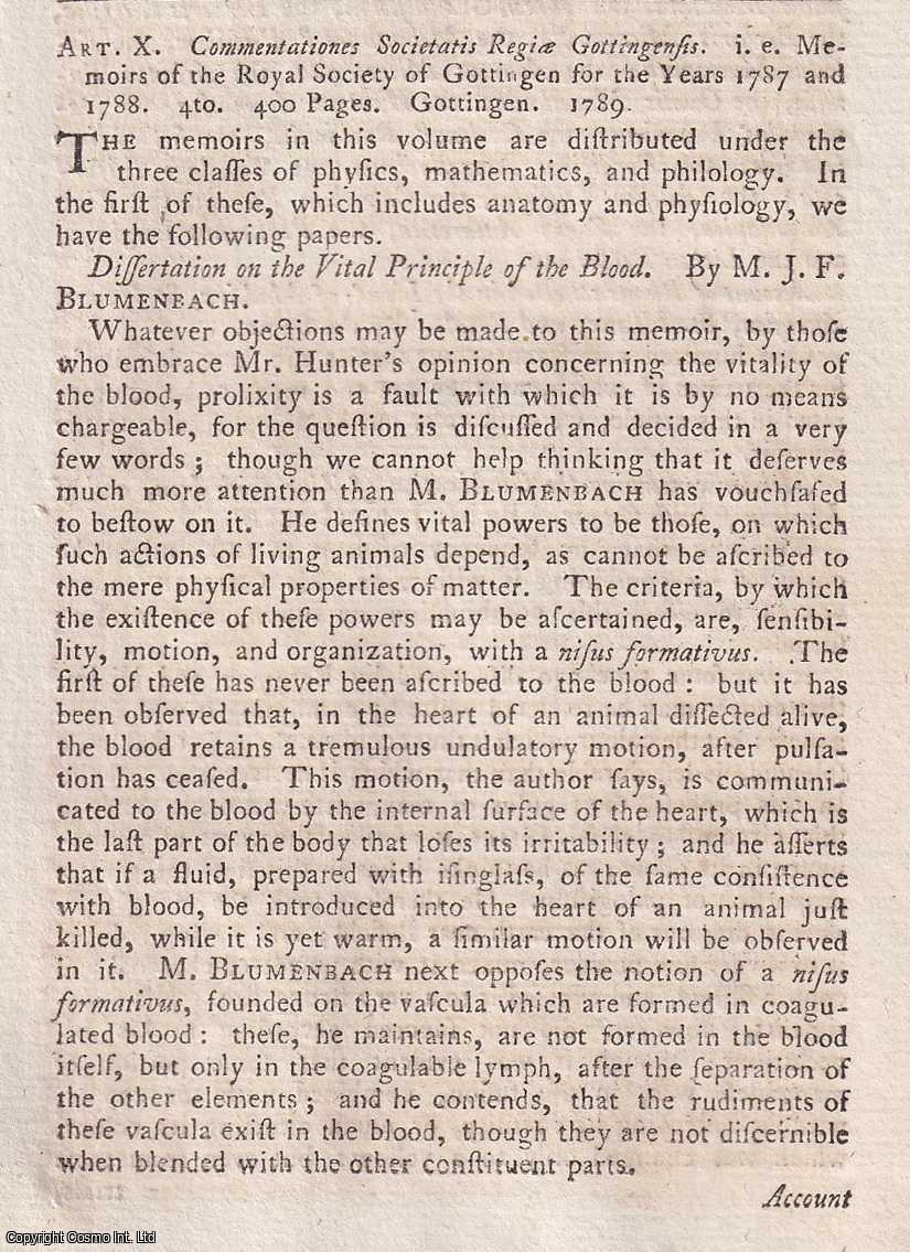 Author Not Stated - Memoirs of the Royal Society of Gottingen for 1787-88. An original essay from the Monthly Review, 1790. No author is given for this article.