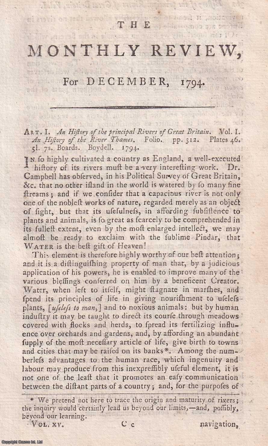 Author Not Stated - An History of the principal Rivers of Great Britain. An original essay from the Monthly Review, 1794. No author is given for this article.