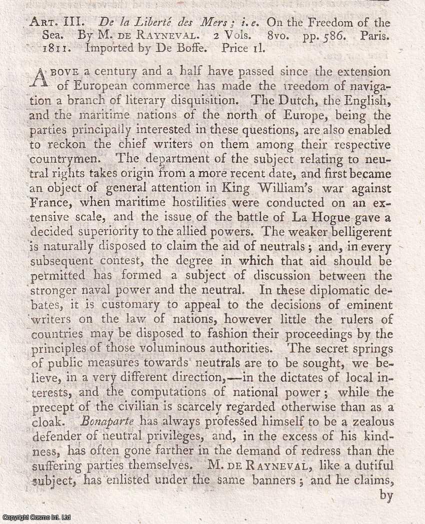 Author Not Stated - On the Freedom of the Sea, by Joseph-Mathias Gerard de Rayneval. An original essay from the Monthly Review, 1812. No author is given for this article.
