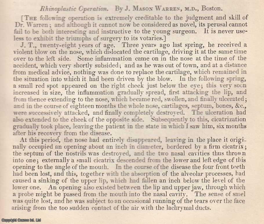 Edited by Sir John Forbes & John Conolly - Phinoplastic Operation, by J. Mason Warren, M.D., Boston, USA. An original essay from the British & Foreign Medical Review, 1838. No author is given for this article.