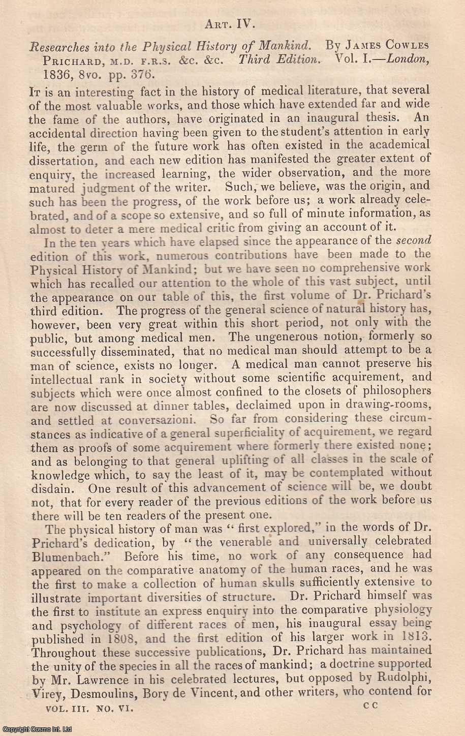 Edited by Sir John Forbes & John Conolly - Researches into the Physical History of Mankind, by James Cowles Prichard, M.D., F.R.S. An original essay from the British & Foreign Medical Review, 1837. No author is given for this article.