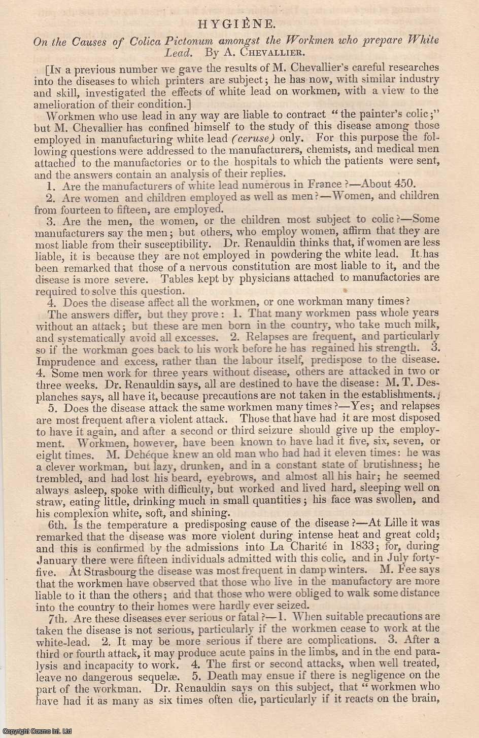 Edited by Sir John Forbes & John Conolly - On the Causes of Colica Pictonum amongst the Workmen who prepare White Lead, by A. Chevallier. An original essay from the British & Foreign Medical Review, 1836. No author is given for this article.