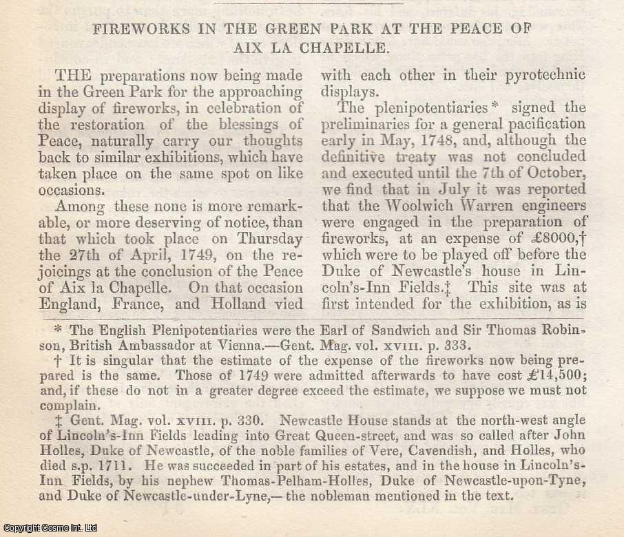 Gentleman's Magazine - Fireworks in the Green Park at the Peace of Aix la Chapelle. An original essay from The Gentleman's Magazine, 1856. No author is given for this article.