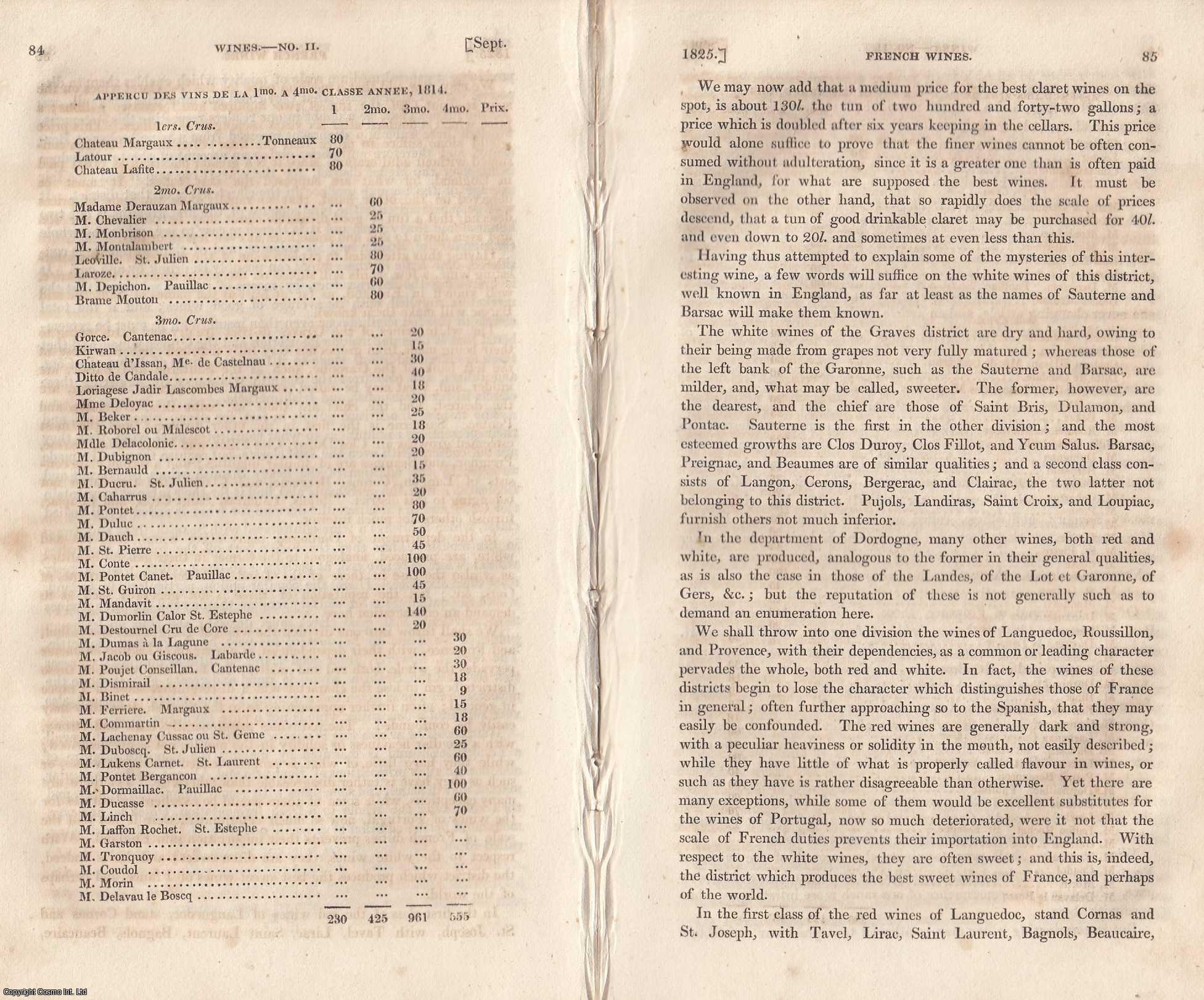 London Magazine - French Wines. An original essay from The London Magazine, 1825. No author is given for this article.