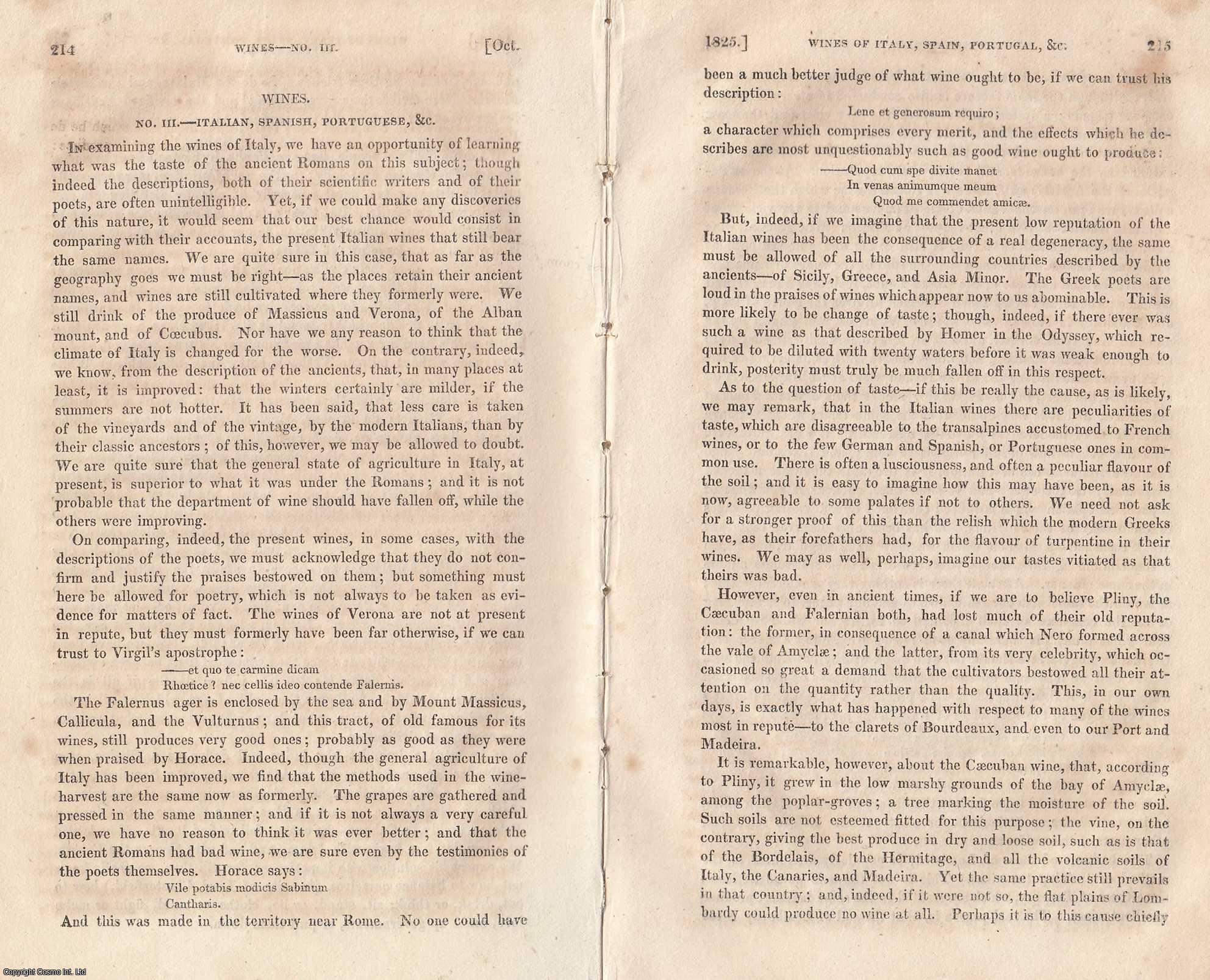 London Magazine - Italian, Spanish, & Portuguese Wines. An original essay from The London Magazine, 1825. No author is given for this article.