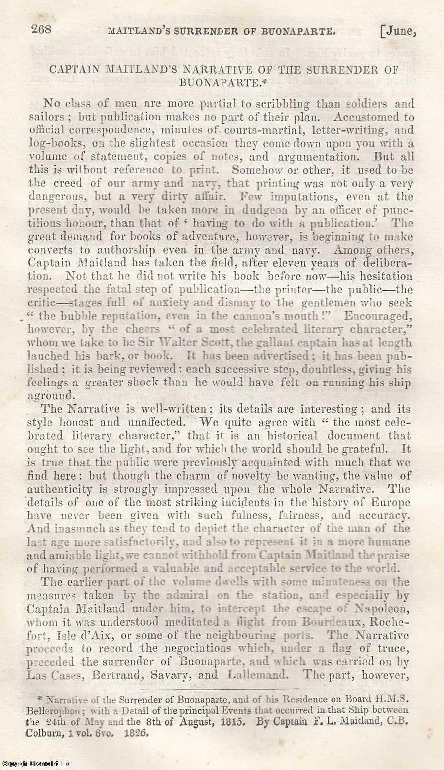 London Magazine - Captain Maitland's Narrative of the Surrender of Buonaparte, by Captain F.L. Maitland. An original essay from The London Magazine, 1826. No author is given for this article.
