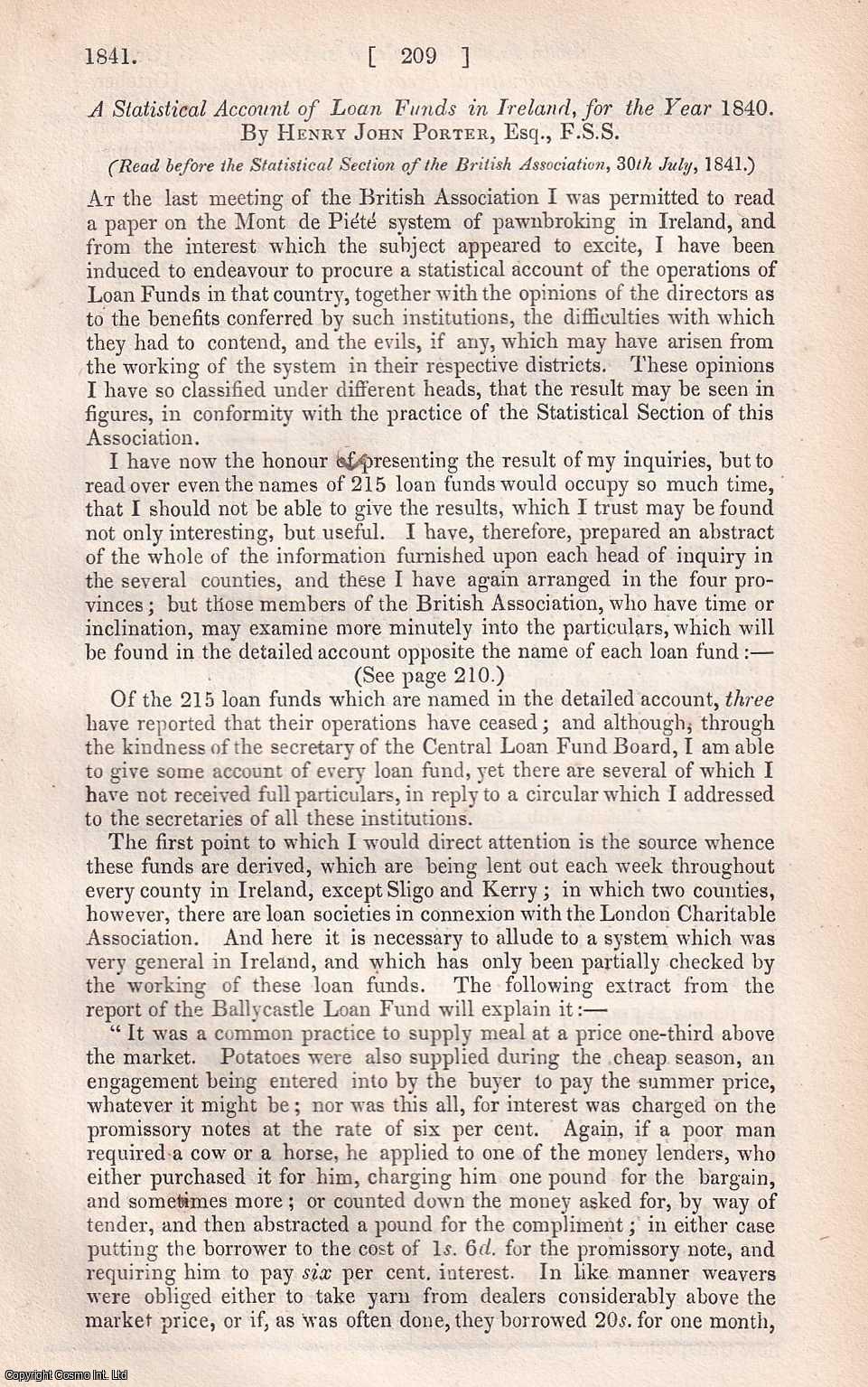 Henry John Porter - A Statistical Account of Loan Funds in Ireland, for the year 1840. A rare original article from the Journal of the Royal Statistical Society of London, 1841.