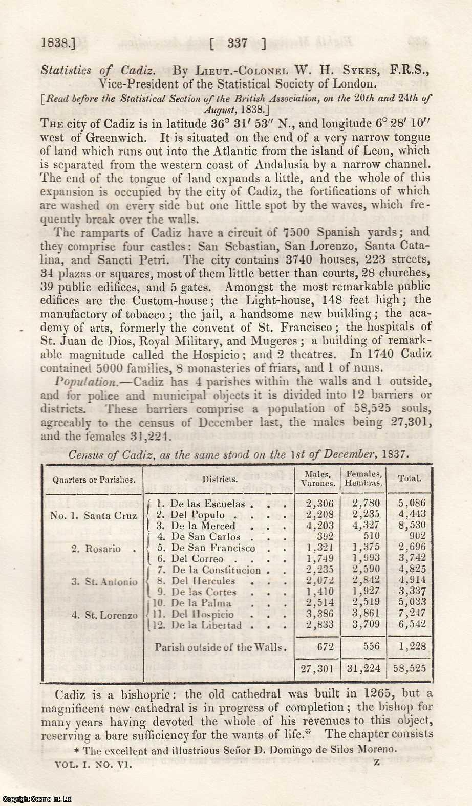 Lt. Col. W.H. Sykes, F.R.S. - Statistics of Cadiz. A rare original article from the Journal of the Royal Statistical Society of London, 1838.