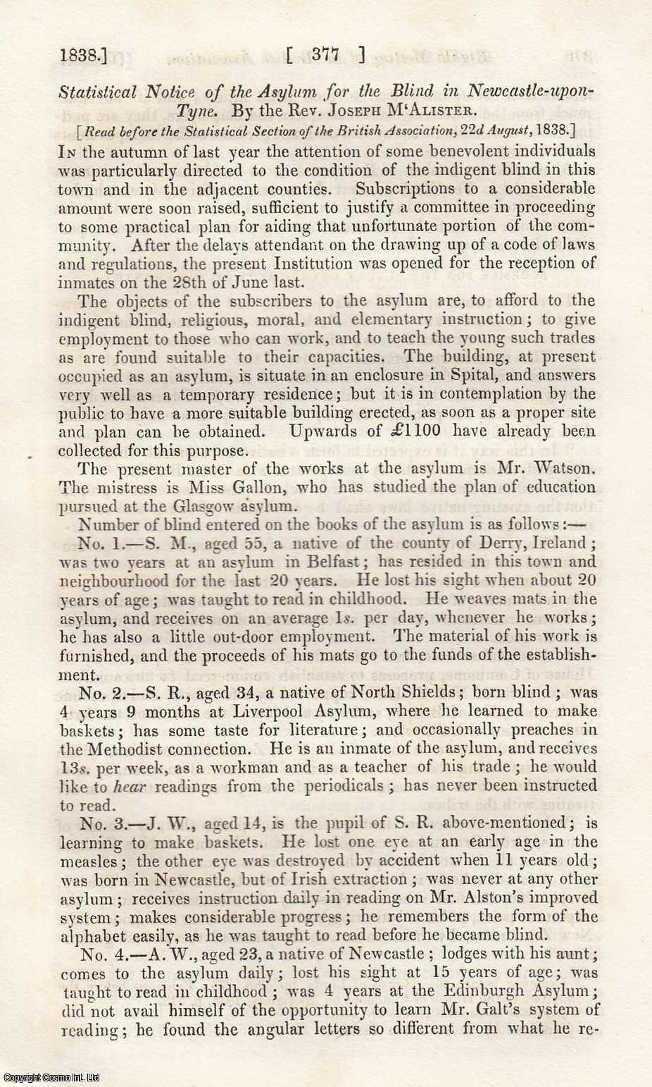 Rev. Joseph McAlister - Statistical Notice of the Asylum for the Blind in Newcastle-upon-Tyne. A rare original article from the Journal of the Royal Statistical Society of London, 1838.