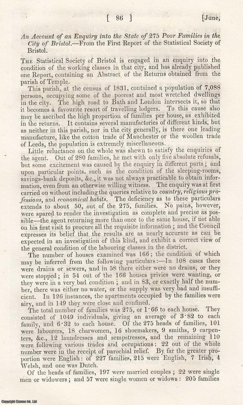 Statistical Society - An Account of an Enquiry into the State of 275 Poor Families in the City of Bristol. A rare original article from the Journal of the Royal Statistical Society of London, 1838.