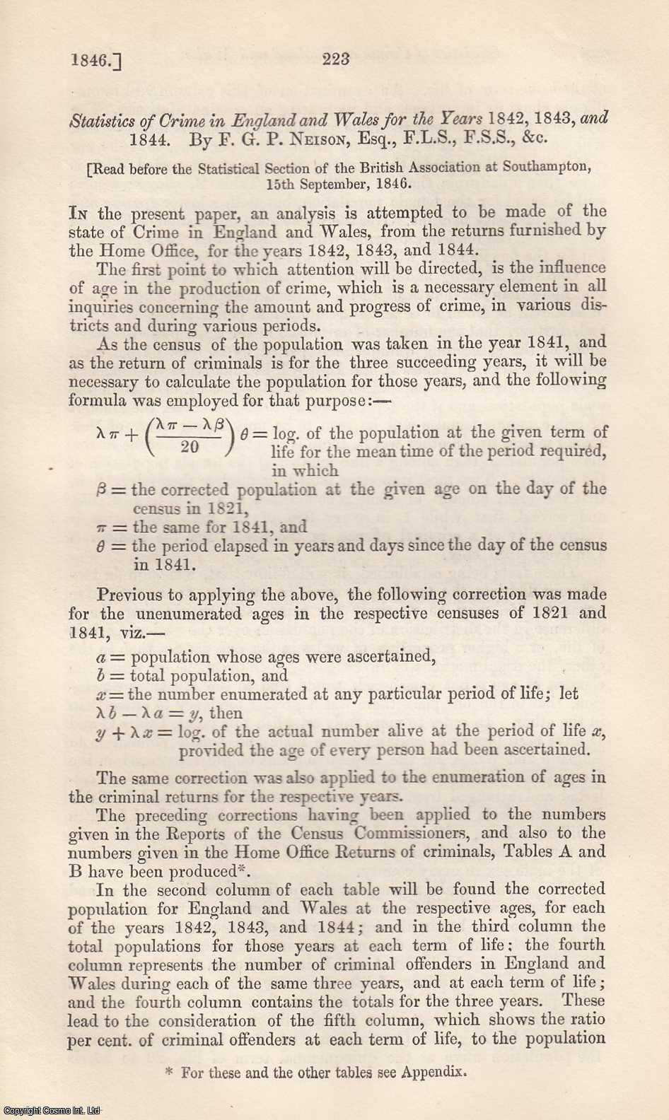 F.G.P. Neison, Esq., F.S.S., F.L.S., Actuary to the Medical, Invalid, and General Life Office. - Statistics of Crime in England and Wales for the Years 1842, 1843, and 1844. A rare original article from the Journal of the Royal Statistical Society of London, 1846.