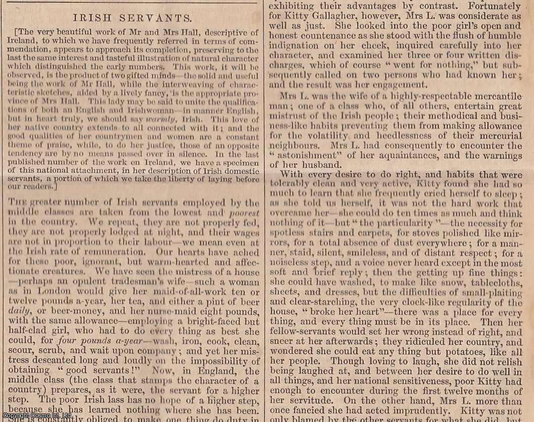 IRISH LIFE - 1843. Irish Servants. FEATURED in Chambers' Edinburgh Journal. A single article, extracted from an issue of the Chambers' Edinburgh Journal.