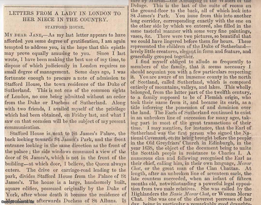 LONDON LIFE - 1843. Letters from a Lady in London to Her Niece in the Country; Stafford House. FEATURED in Chambers' Edinburgh Journal. A single article, extracted from an issue of the Chambers' Edinburgh Journal.