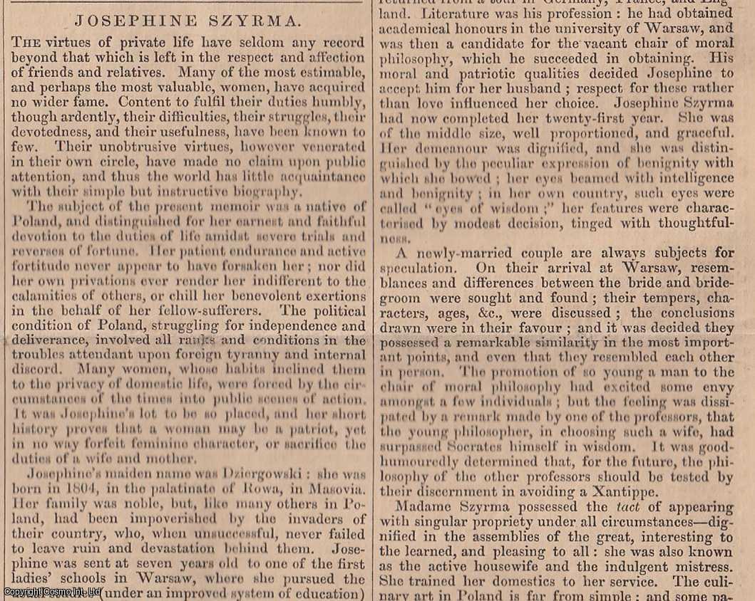 POLAND - 1843. Josephine Szyrma, 1804-1837. FEATURED in Chambers' Edinburgh Journal. A single article, extracted from an issue of the Chambers' Edinburgh Journal.