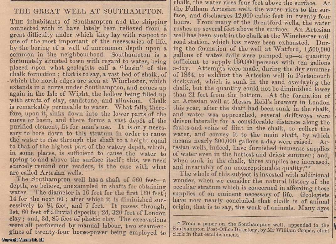 WATER ENGINEERING - 1843. The Great Well at Southampton. FEATURED in Chambers' Edinburgh Journal. A single article, extracted from an issue of the Chambers' Edinburgh Journal.