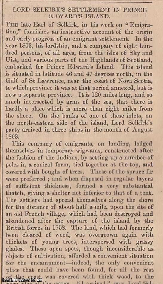 CANADA - 1843. Lord Selkirk's Settlement in Prince Edward's Island. FEATURED in Chambers' Edinburgh Journal. A single article, extracted from an issue of the Chambers' Edinburgh Journal.