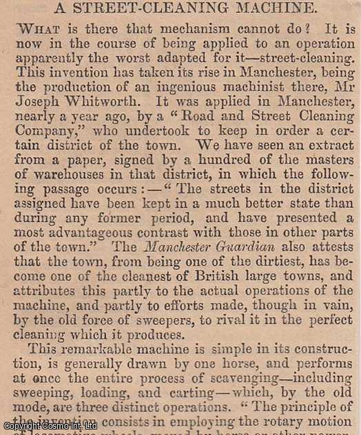 ENGINEERING - 1843. A Street Cleaning Machine, Manchester, invented by Joseph Whitworth. FEATURED in Chambers' Edinburgh Journal. A single article, extracted from an issue of the Chambers' Edinburgh Journal.