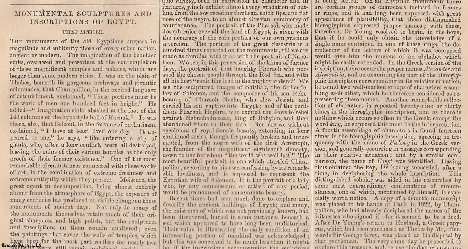 EGYPT - 1843. Monumental Sculptures and Inscriptions of Egypt; 2 parts. FEATURED in Chambers' Edinburgh Journal. A two part (of 3) article, extracted from an issue of the Chambers' Edinburgh Journal.