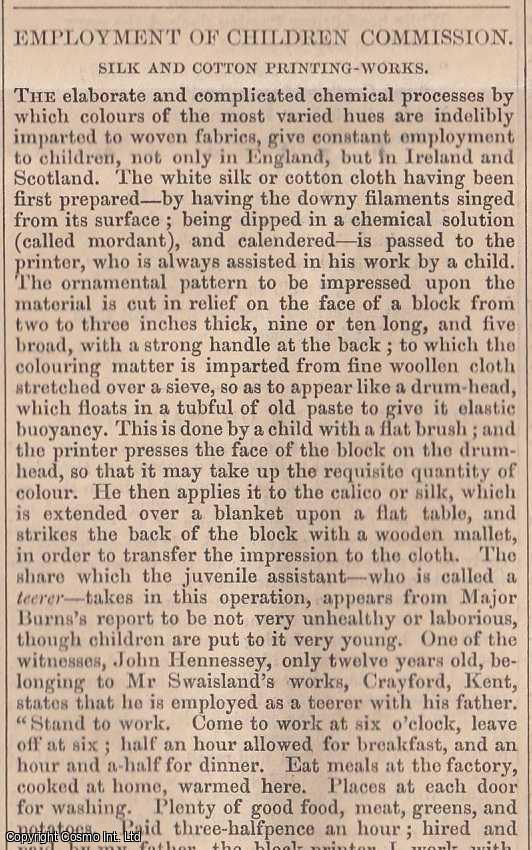 CHILDREN'S EMPLOYMENT - 1843. Silk and Cotton Printing Works; Employment of Children Commission. FEATURED in Chambers' Edinburgh Journal. A single article, extracted from an issue of the Chambers' Edinburgh Journal.