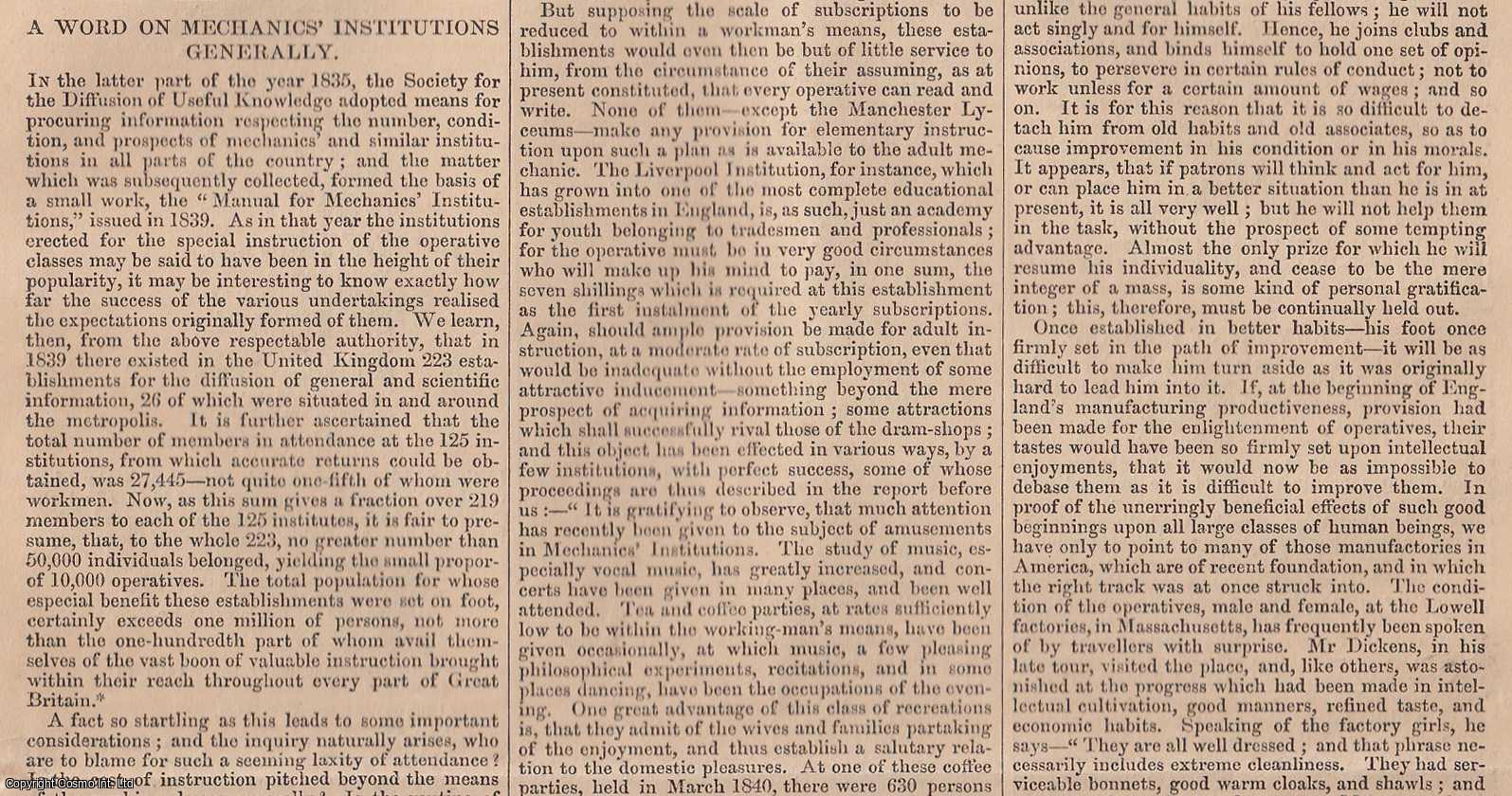 SELF HELP - 1843. A Word on Mechanics' Institutions Generally. FEATURED in Chambers' Edinburgh Journal. A single article, extracted from an issue of the Chambers' Edinburgh Journal.