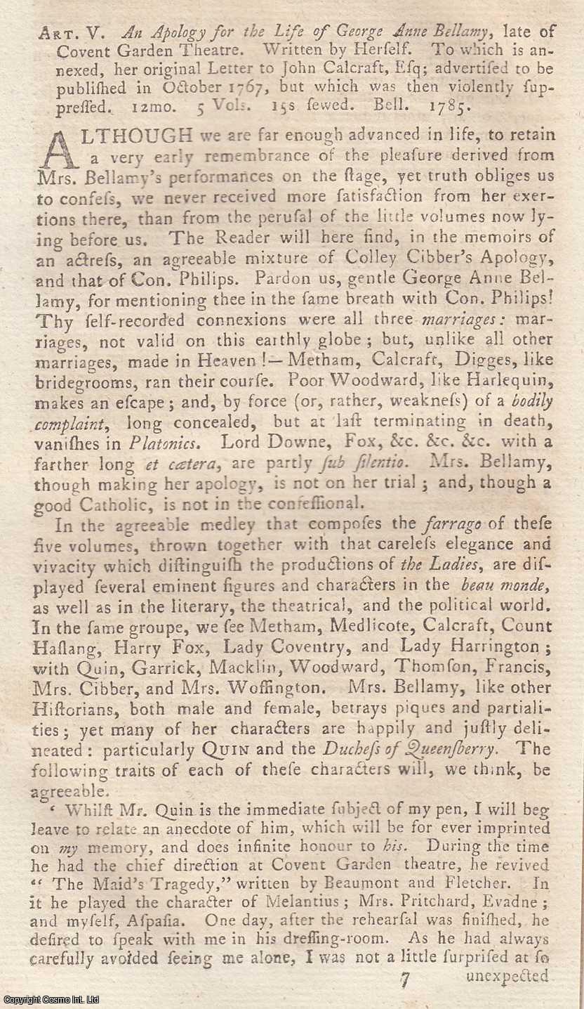 Author Not Stated - An Apology For The Life of George Anne Bellamy, Late of Covent Garden Theatre .Written by Herself. An original article from the Monthly Review, 1785.