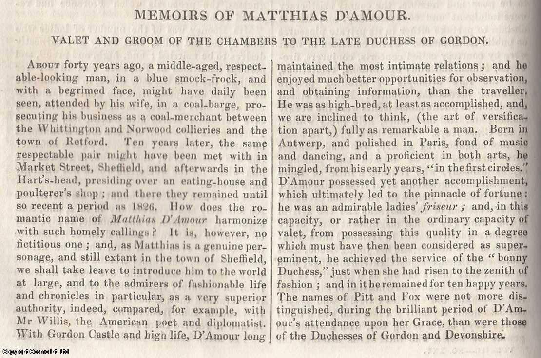 Johnstone, Christian - Memoirs of Matthias D'Amour, Valet and Groom of The Chambers to The Late Duchess of Gordon. An original article from Tait's Edinburgh Magazine, 1836.