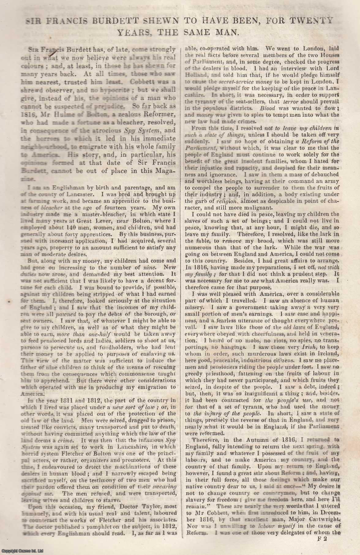 Darling, J. J. - Sir Francis Burdett Shown to Have Been, For Twenty Years, The Same Man. An original article from Tait's Edinburgh Magazine, 1836.