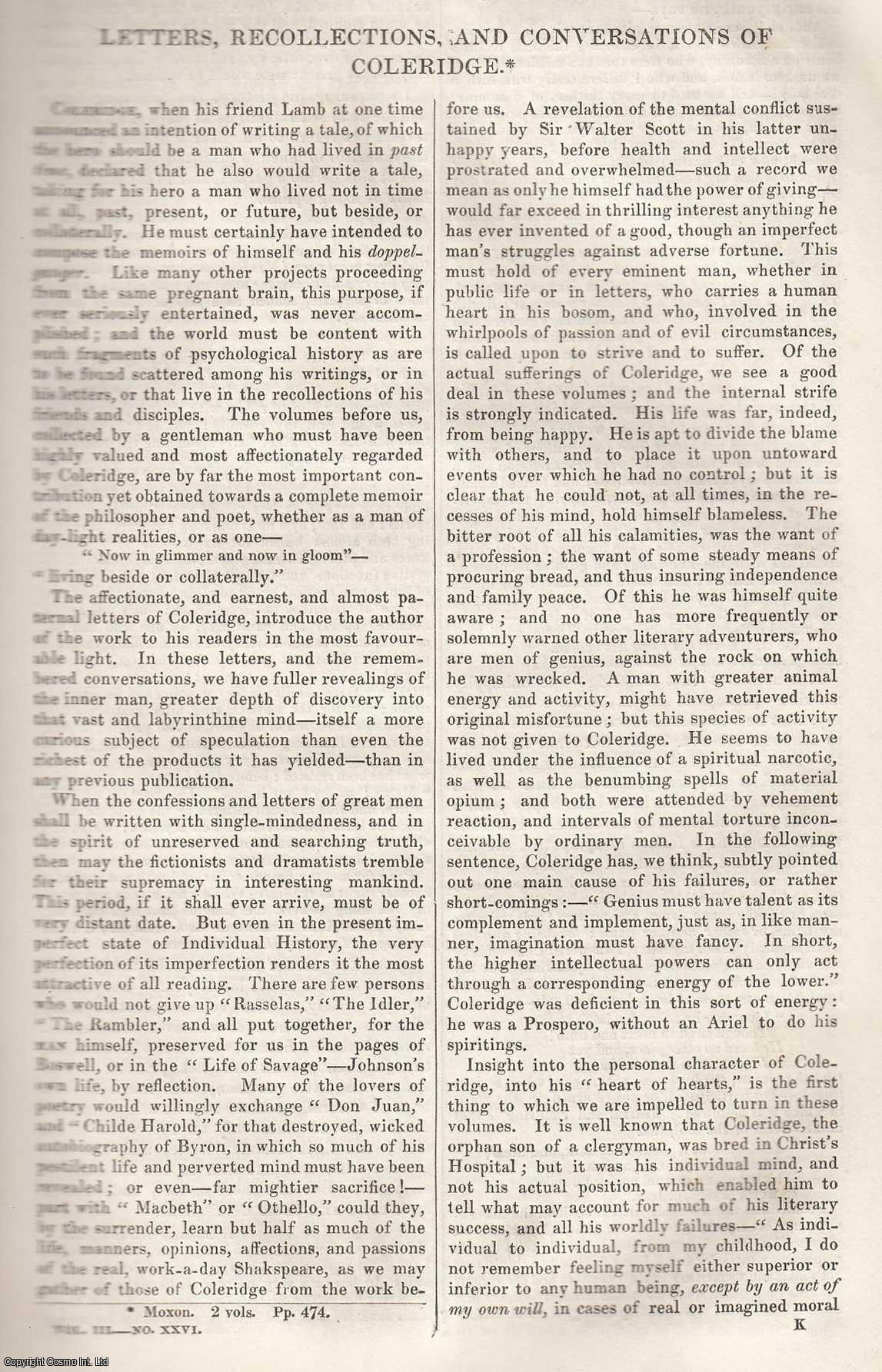 Johnstone, Christian - Letters, Recollections, and Conversations of Coleridge. An original article from Tait's Edinburgh Magazine, 1836.