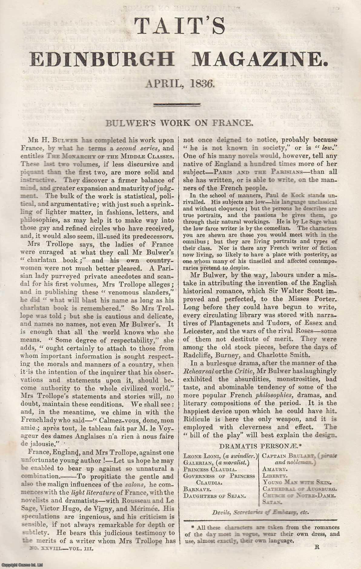 Johnstone, Christian - Bulwer's Work on France, The Monarchy of the Middle Classes. An original article from Tait's Edinburgh Magazine, 1836.