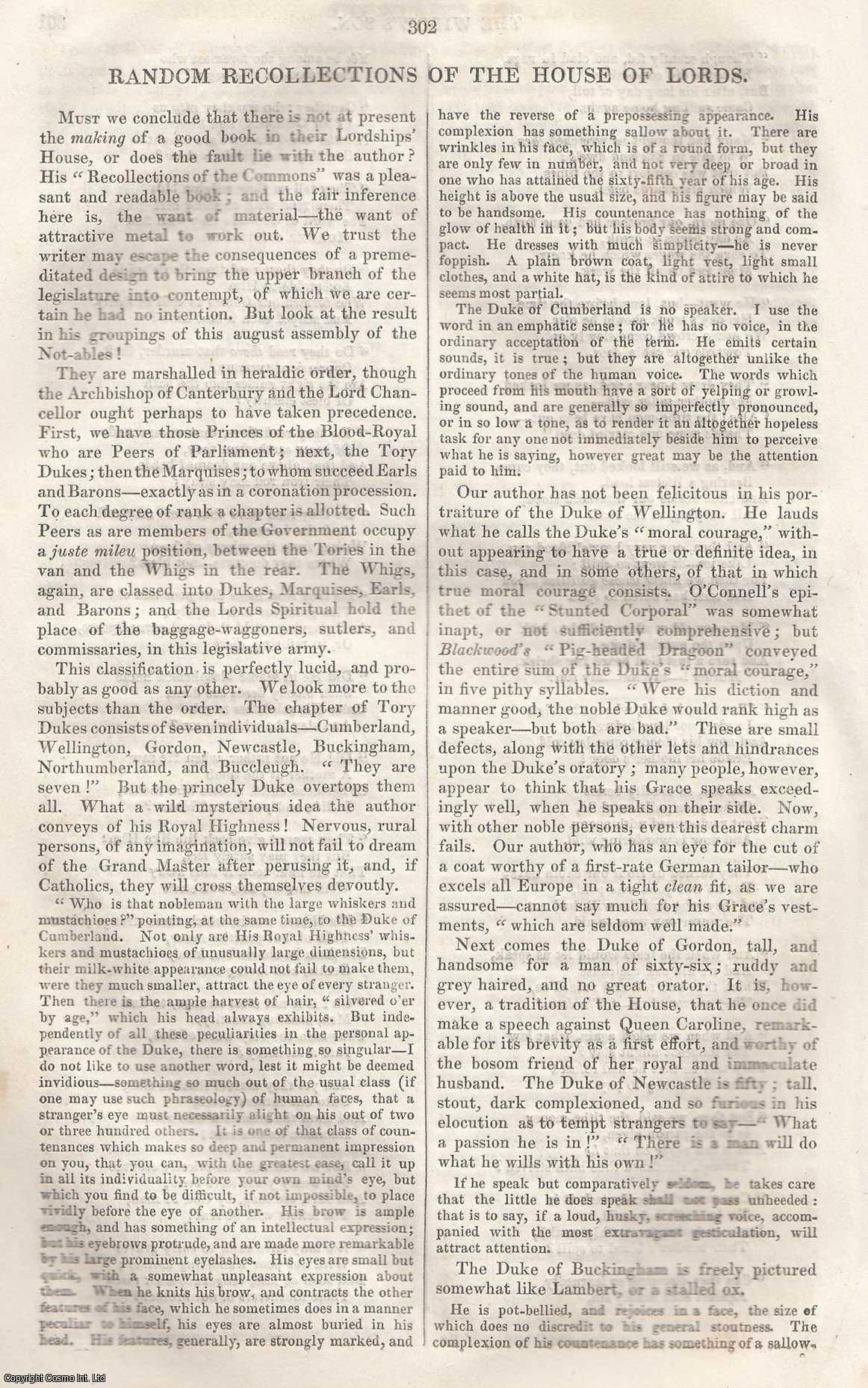 --- - Random Recollections of The House of Lords [By James Grant]. An original article from Tait's Edinburgh Magazine, 1836.